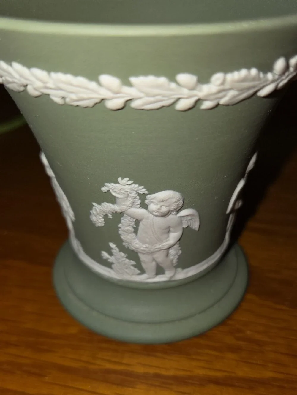 Vtg Wedgwood Green Jasperware Vase with White Classical Relief